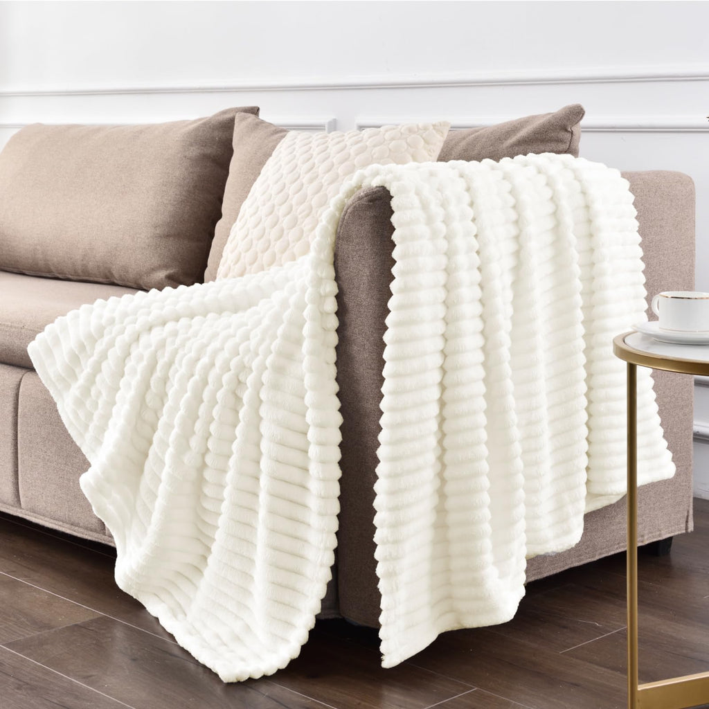 BEDELITE 3D Ribbed Jacquard Cream Blankets Queen Size for Bed, 90x90 Inch