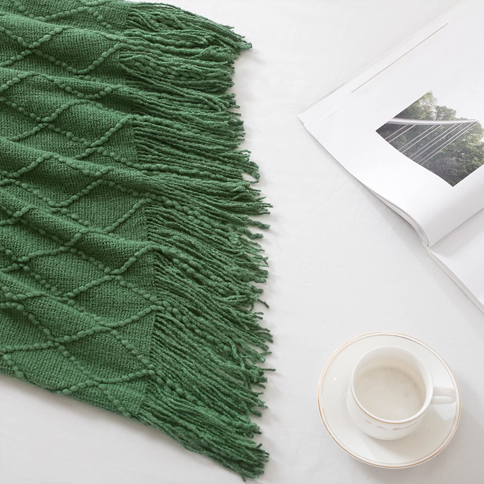 BOURINA Green Throw Blanket 50x60 Inch Boho Knitted Soft Throw Sofa Blanket