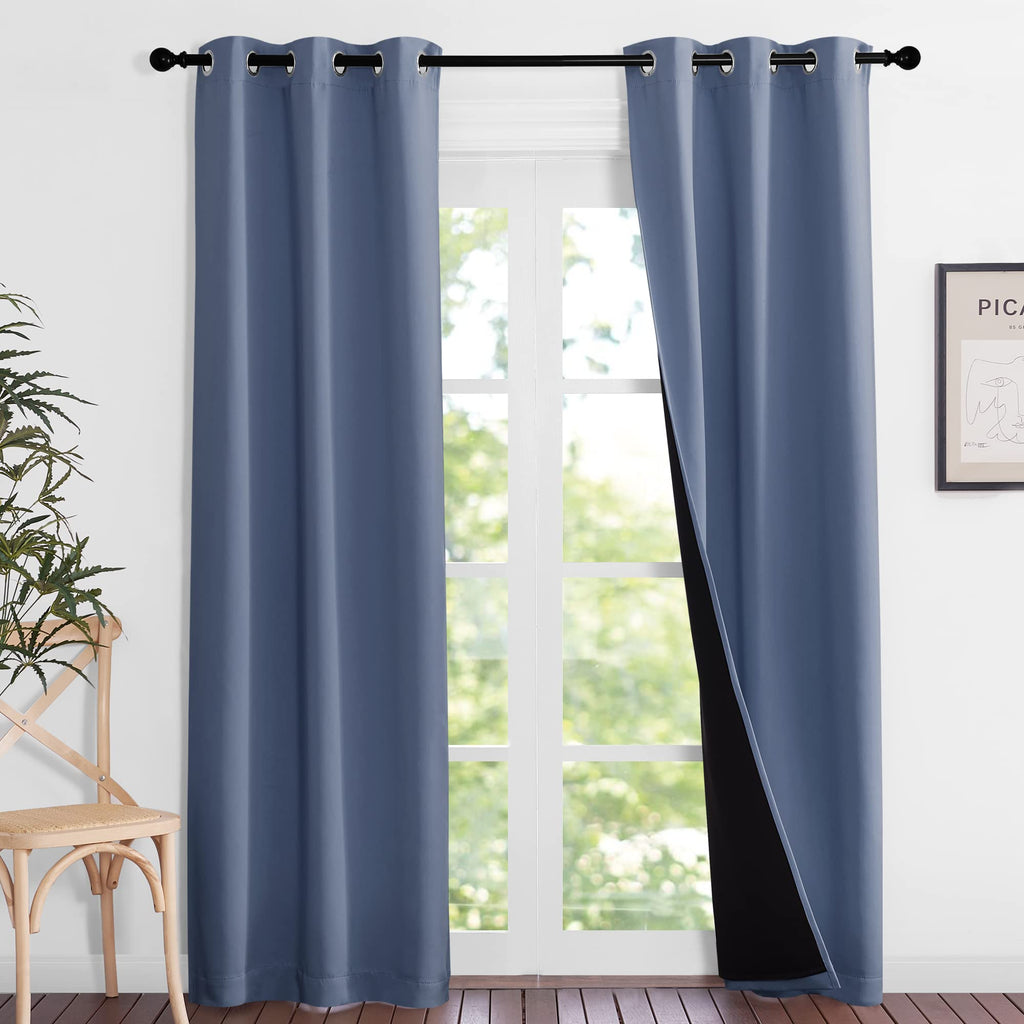 NICETOWN Full Shade Curtain Panels 84 inches Long, Pair of Energy Smart & Noise Blocking Out Blackout Drapes for Guest Room Window, Thermal Insulated Lined Window Dressing (Stone Blue, 37x84)