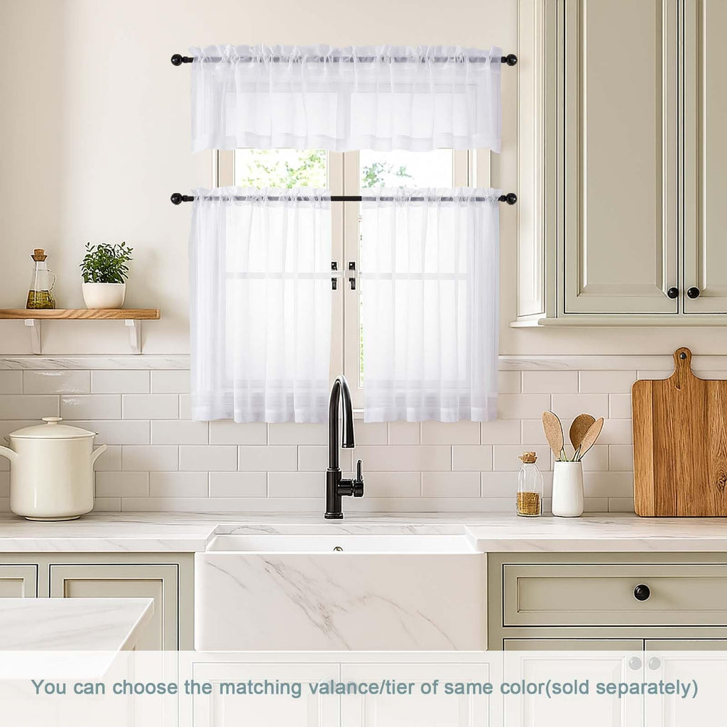Ebesto White Small Sheer Curtains 2 Panels Set, Kitchen Curtains 24 Inch Length, Elegant Light Filtering Short Window Drapes for Living Room Bedroom, Dual Rod Pocket Design, 2x42Wx24L Inches