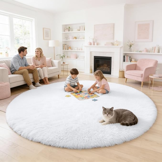 OLANLY White Round Rugs for Bedroom - Machine Washable, 9 ft Circle Area Rugs for Living Room, Soft and Fluffy Shaggy Carpet for Teen Girls and Boys, Nursery Rooms, Dorms, Home Decor Aesthetic