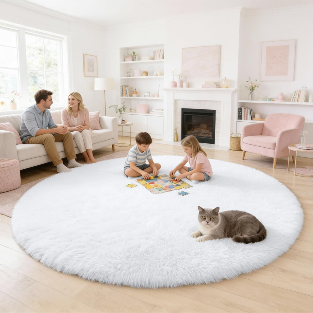 OLANLY White Round Rugs for Bedroom - Machine Washable, 8 ft Circle Area Rugs for Living Room, Soft and Fluffy Shaggy Carpet for Teen Girls and Boys, Nursery Rooms, Dorms, Home Decor Aesthetic