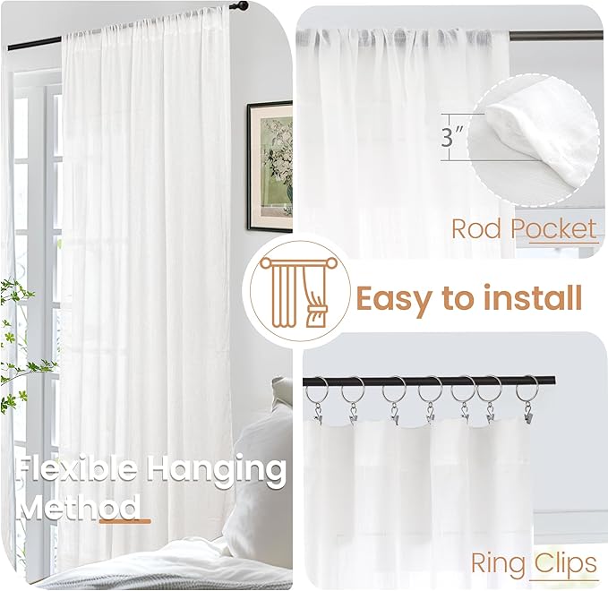 BGment White Linen Cafe Curtains 36 Inch Length for Kitchen Window Over Sink - Small Semi Sheer Drapes Light Filtering with Rod Pocket for Bathroom Lightweight, 2 Panels Set, 42 X 36 Inch