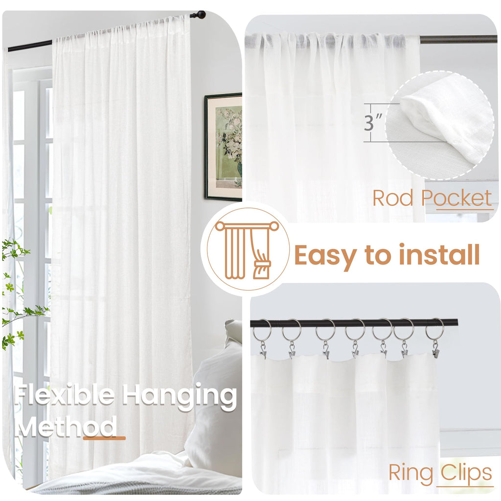 BGment White Semi Sheer Linen Curtains 63 Inch Length for Bedroom 2 Panels Set - Textured Light Filtering Drapes with Rod Pocket Lightweight Window Treatments for Living Room, 52 X 63 Inch