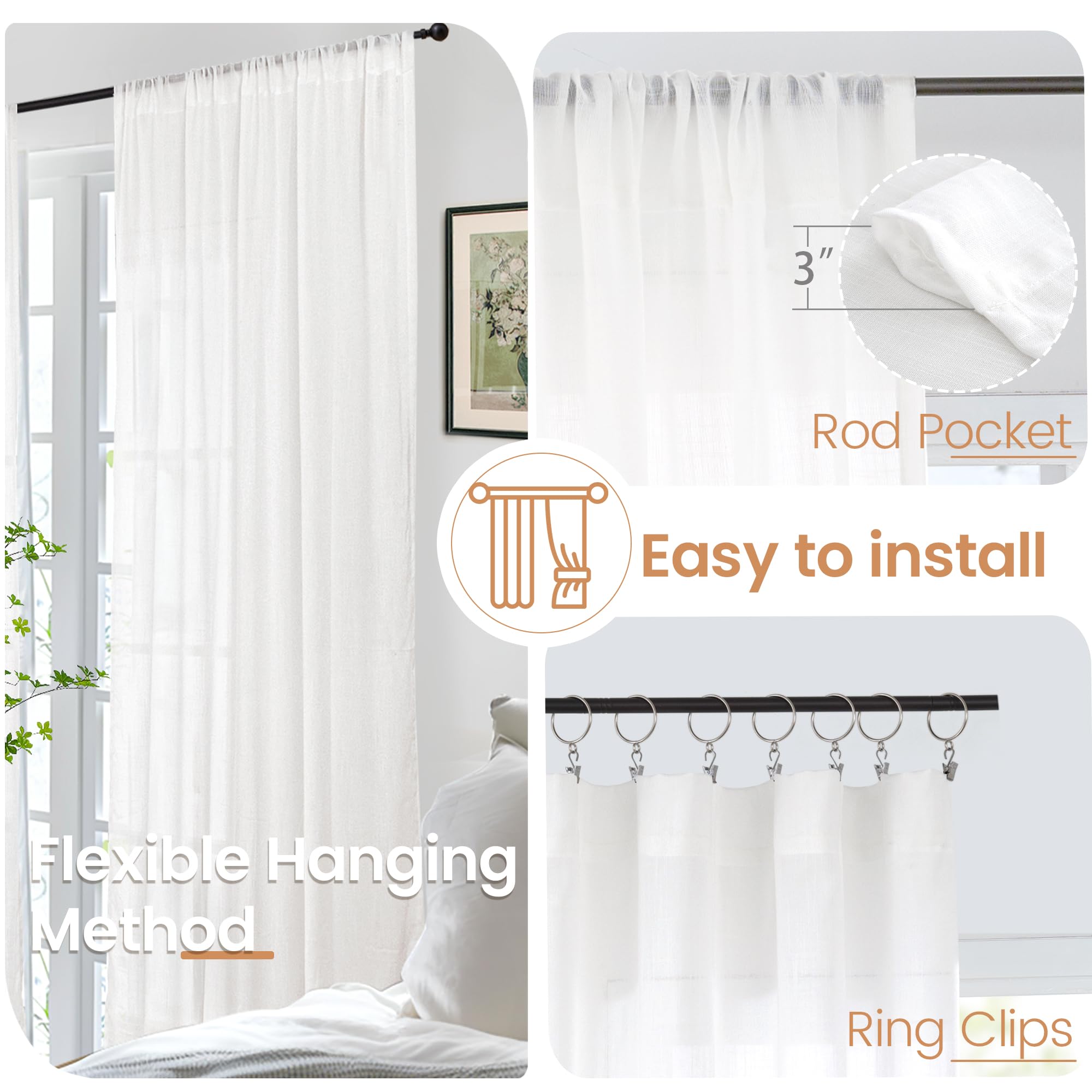 BGment White Semi Sheer Linen Curtains 63 Inch Length for Bedroom 2 Panels Set - Textured Light Filtering Drapes with Rod Pocket Lightweight Window Treatments for Living Room, 52 X 63 Inch