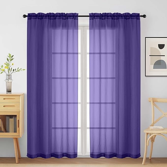Ebesto Purple Sheer Curtains for Window 72 inches Long 2 Panels Set, Soft Airy Modern Light Filtering Sheer Curtains for Living Room Bedroom, Dual Rod Pocket Solid Window Drapes, 2x42Wx72L inches