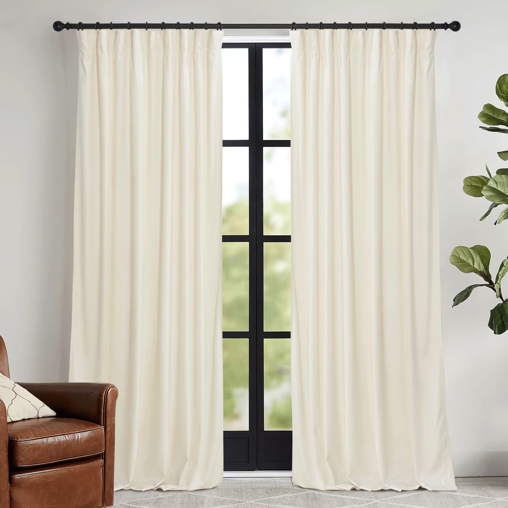 RYB HOME Cream Velvet Curtains 96 inches for Bedroom Living Room