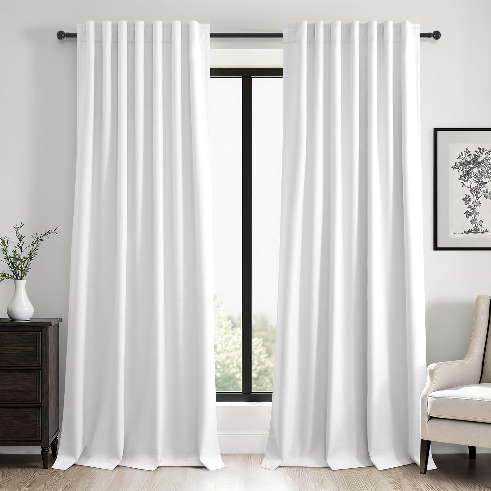 96 inch long Linen blackout curtains 2 Panels 100% Black out Linen texture Curtains ivory white Window Drapes with Back Tab Rod Pocket Mordern vintage Curtains Panel for Bedroom Living Room 8FT