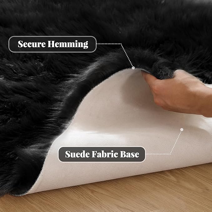 ORINOVA Black Shag Faux Fur 4x6 Area Rugs for Bedroom Washable Fuzzy Sheepskin Fur Rug for Living Room Nursery Rug