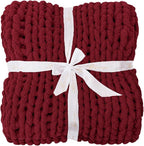 Bigacogo Chunky Knit Throw Blanket for Couch, 40x60 inches, 100% Hand Knitted with Thick Jumbo Chenille Yarn, Cozy Soft Large Rope Knot Cable Crochet Blankets for Sofa Bed Living Room, Red