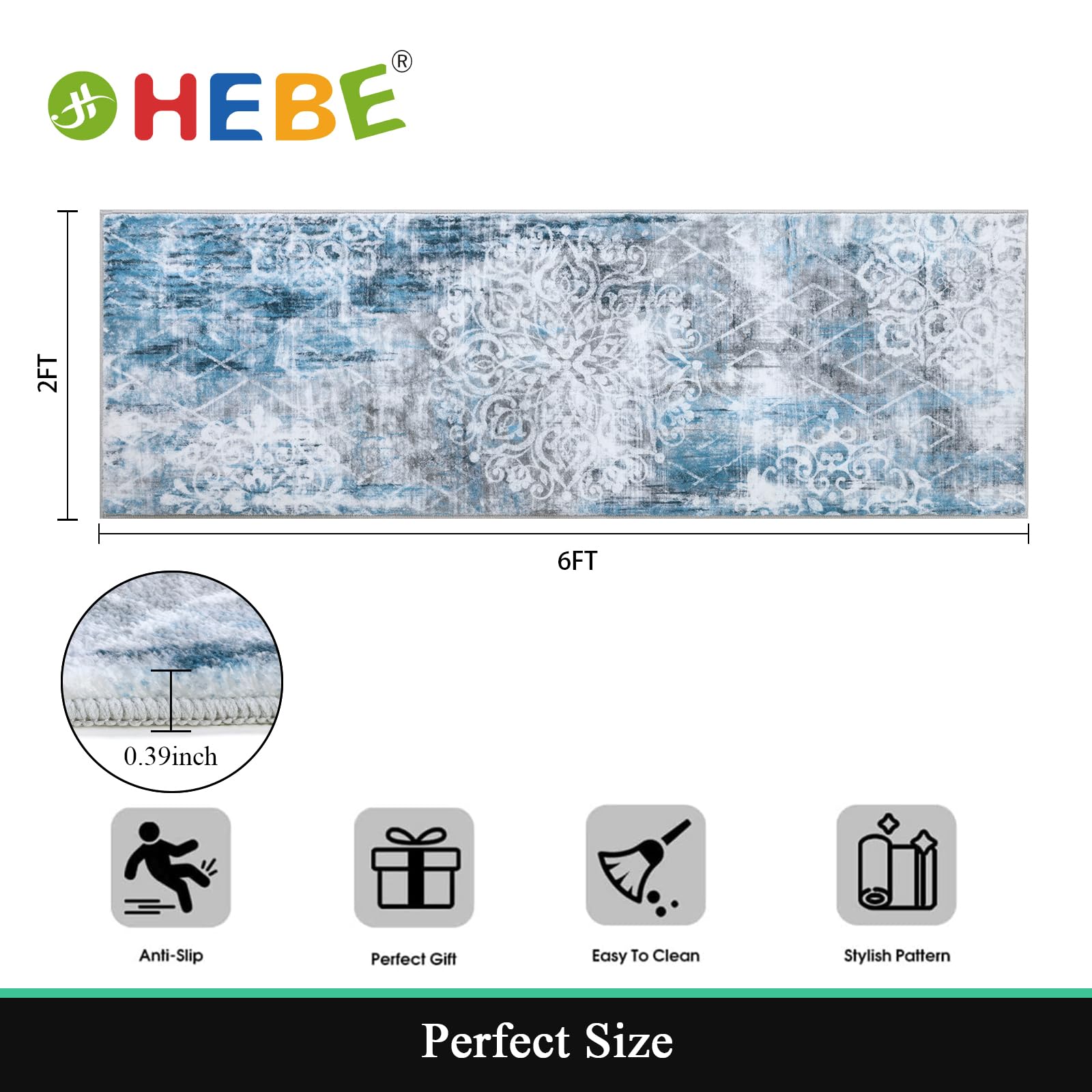 HEBE Hallway Runner Rug 2'x6', Washable Non Slip Kitchen Rug Runner