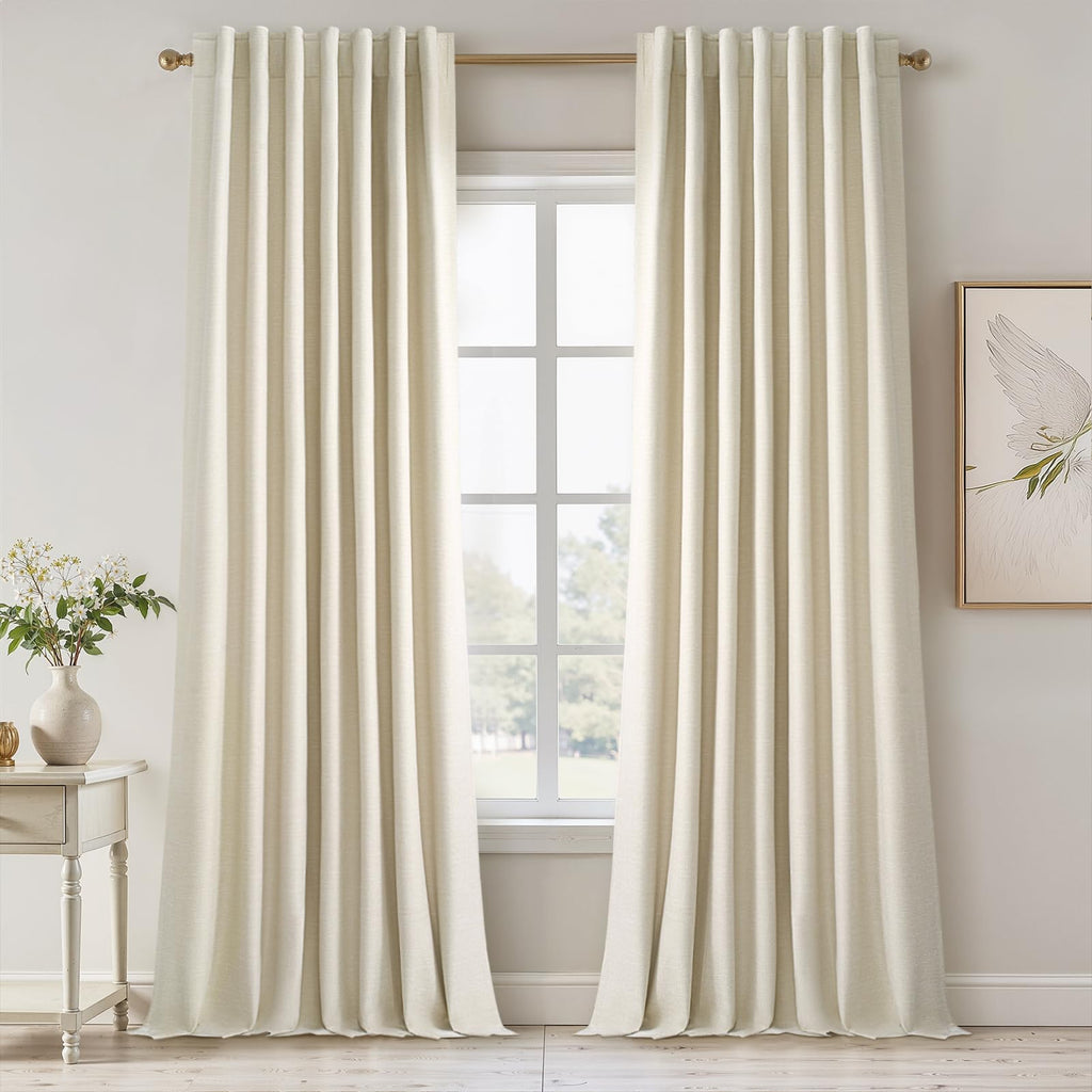 95 Inches Length Cream Colored Custom Blackout Linen Curtains Ivory Cream Pinch Pleated Noise Cancelling Curtains with Pin Hooks for Traverse Burlap Viral Drapes 2 Panels for Living Room Bedroom