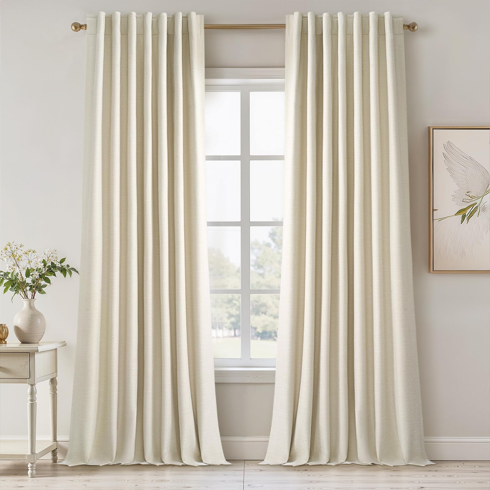 95 Inches Length Cream Colored Custom Blackout Linen Curtains Ivory Cream Pinch Pleated Noise Cancelling Curtains with Pin Hooks for Traverse Burlap Viral Drapes 2 Panels for Living Room Bedroom