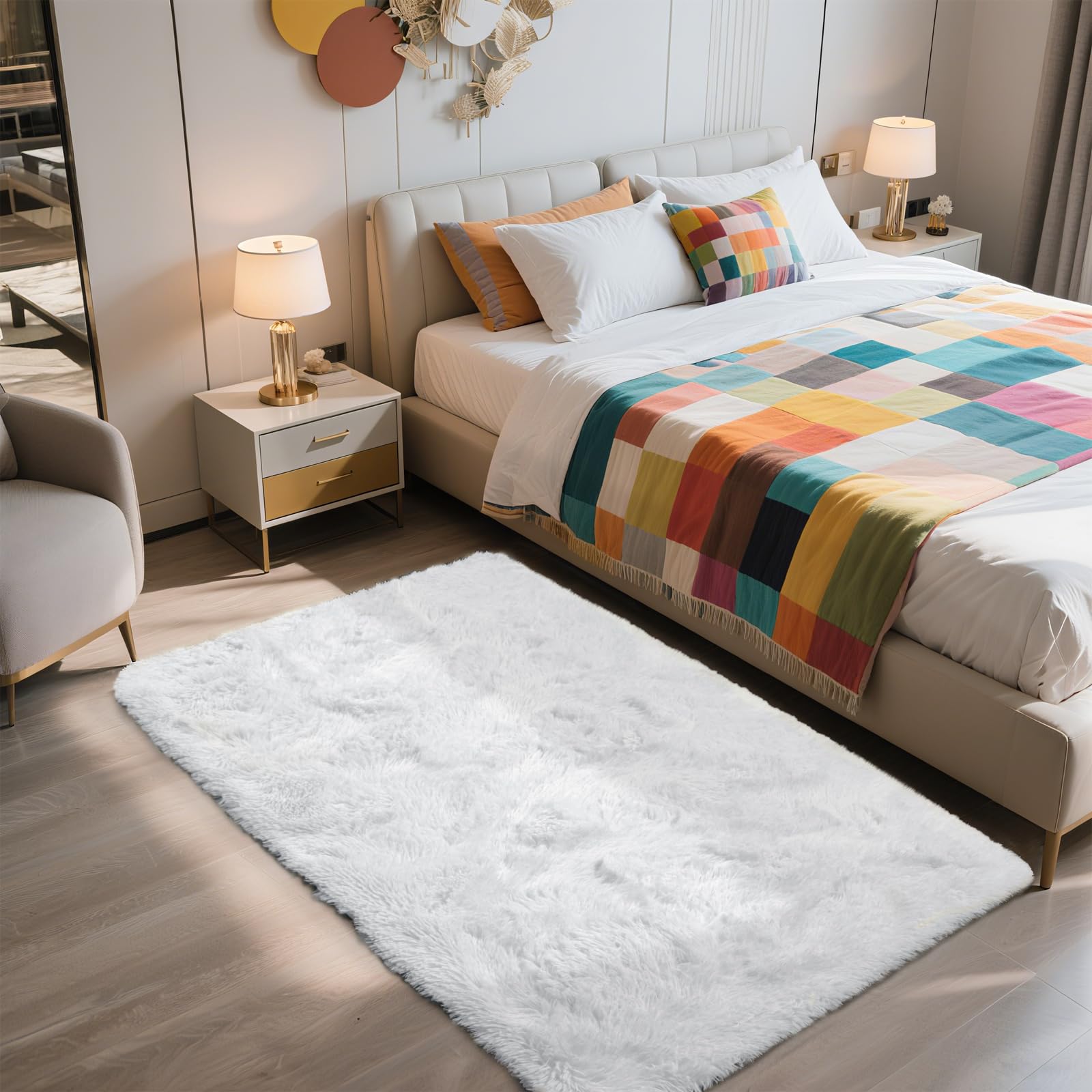 3x5 Area Rug for Bedroom, White Fluffy Shag Rug Small Rug Plush Carpet