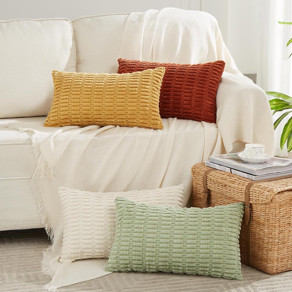 Fancy Homi 4 Packs Neutral Long Lumbar Decorative Throw Pillow Covers 12x24 Inch for Living Room Couch Bed, Boho Home Decor, Soft Striped Corduroy Rectangle Accent Beige Cushion Case 30x60 cm