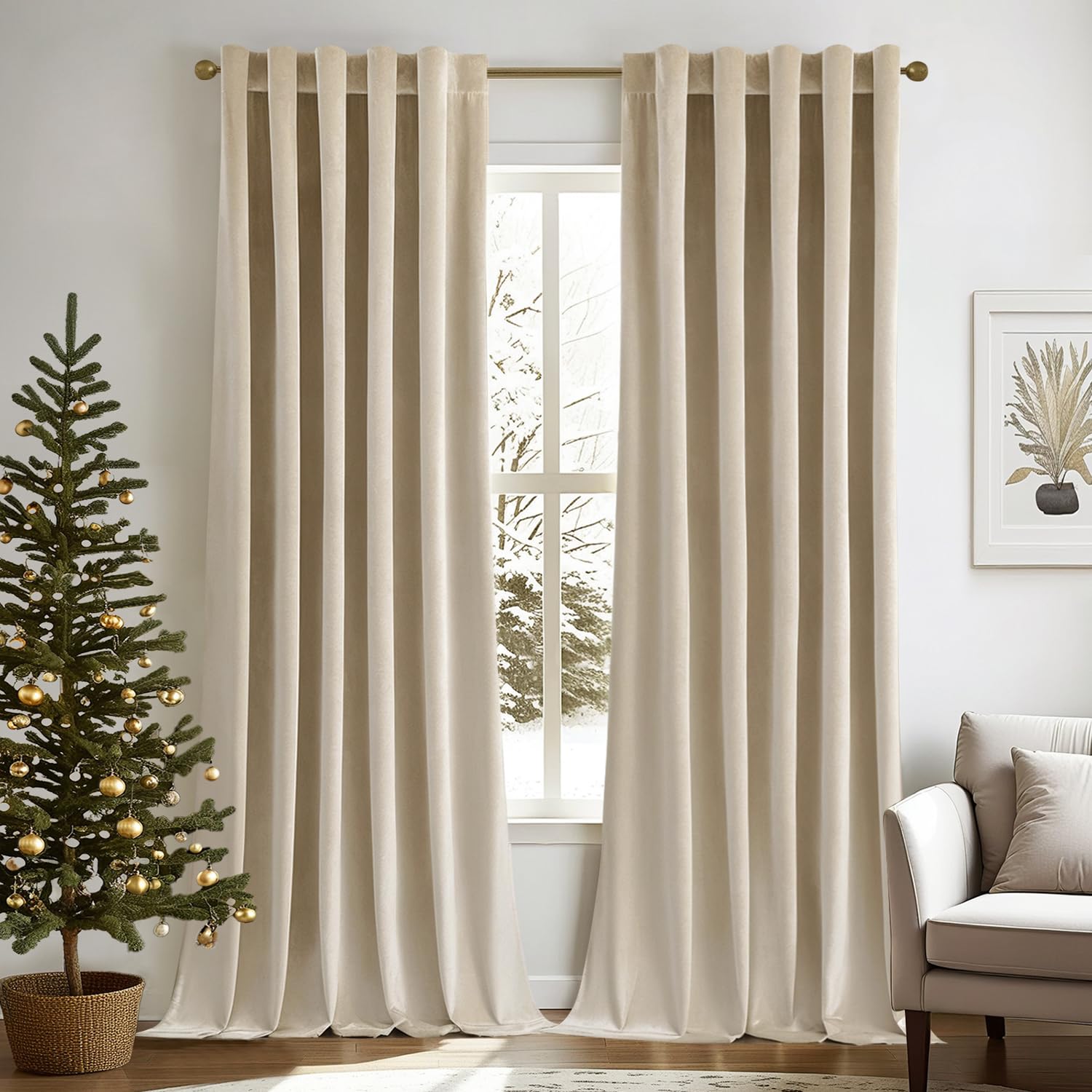 MIULEE Velvet Curtains 52x108 inches 2 Panels Beige Blackout Curtains