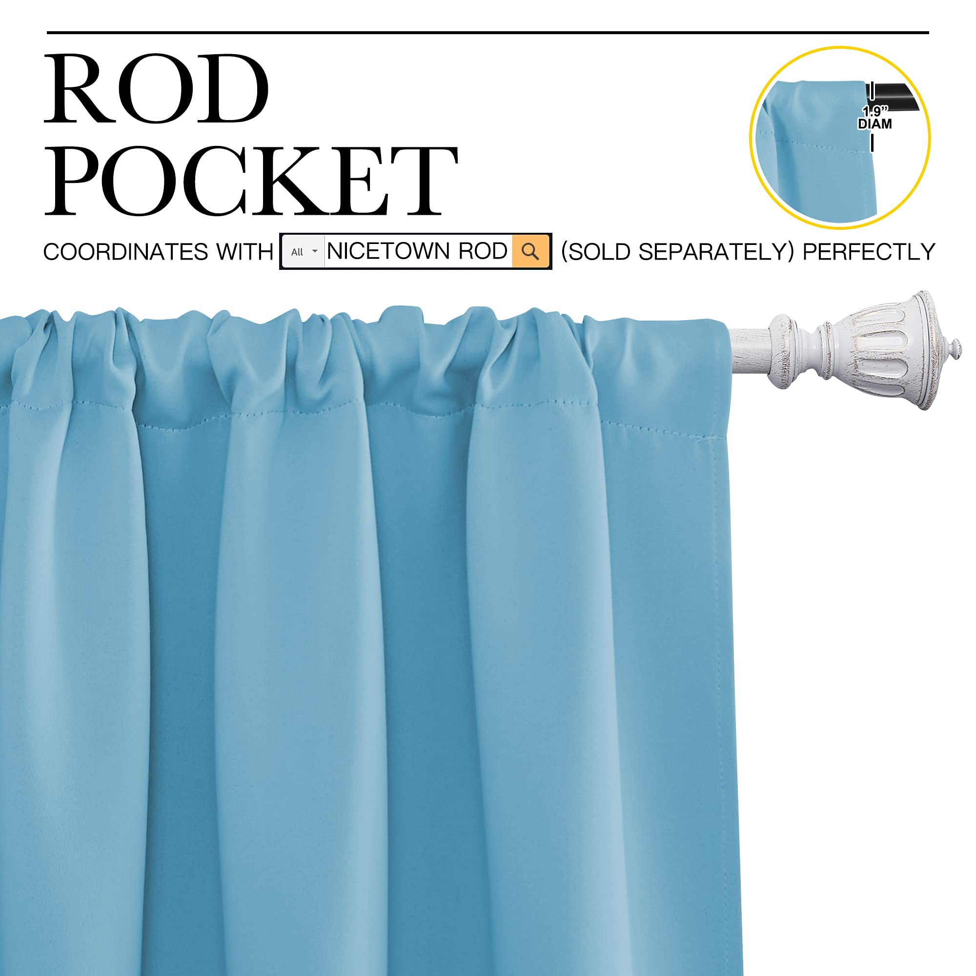 NICETOWN Kitchen Window Blackout Curtain Panels - Energy Saving Window Covering Thermal Insulated Rod Pocket Drapes for Basement(Teal Blue, Set of 2 Panels, 42 by 45 inches Long)