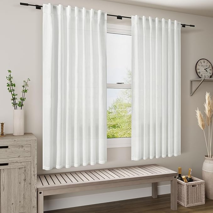 Nanspring White Farmhouse Decor Curtains 63 Inch Length for Living Room Linen Blend Light Filtering Curtains Back Tab and Rod Pocket Textured Curtain for Bedroom 34 X 63, 2 Panels
