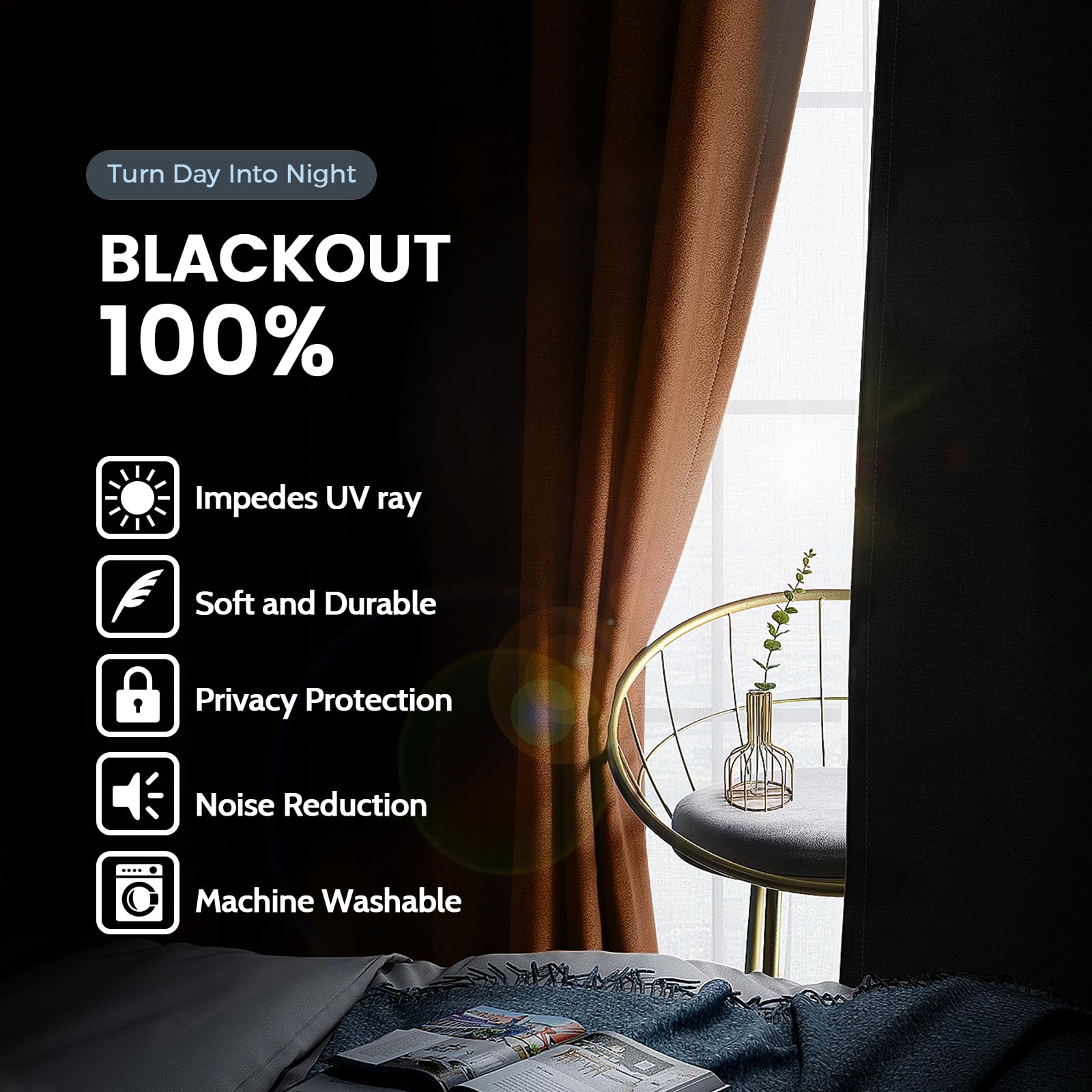 SimpleHome Orange 100% Blackout Curtains Room Darkening Living Room 96 Inch