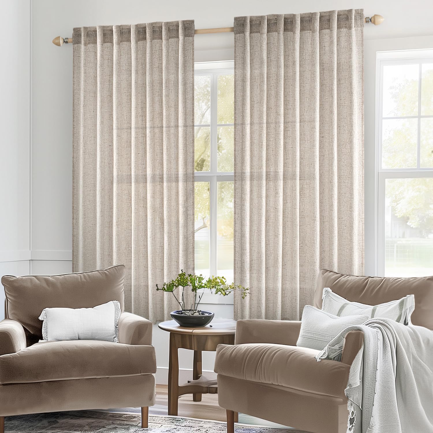 MIULEE Natural Linen Curtains 52x54 Inch Length for Bedroom Living Room