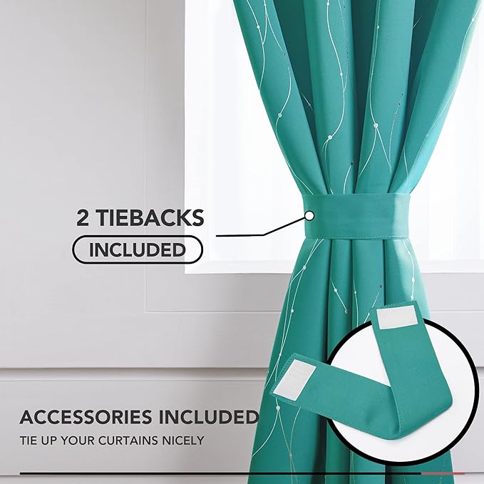 Deconovo Blackout Curtains, Thermal Insulated Soundproof Grommet Drapes, Wave Dots Silver Print, 52 x 54 Inch, Set of 2, Machine Washable Panels for Kitchen Bedroom Living Room Nursery, Turquoise
