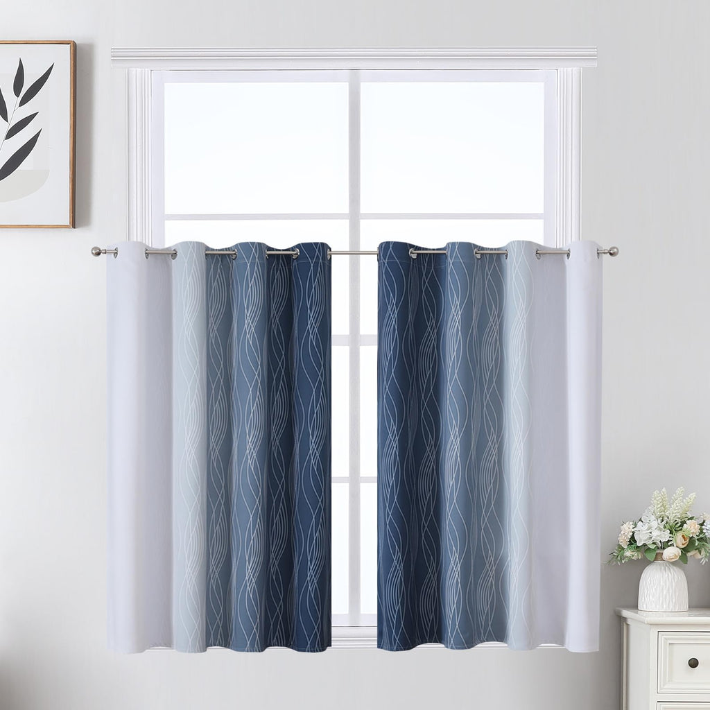 Navy Blue and Greyish White Blackout Curtains for Kitchen 36 Inch Length