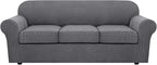 H.VERSAILTEX 4 Piece Stretch Sofa Covers for 3 Cushion Couch Covers for Living Room Furniture Slipcovers (Base Cover Plus 3 Seat Cushion Covers) Upgraded Thicker Jacquard Fabric (Sofa, Grey)