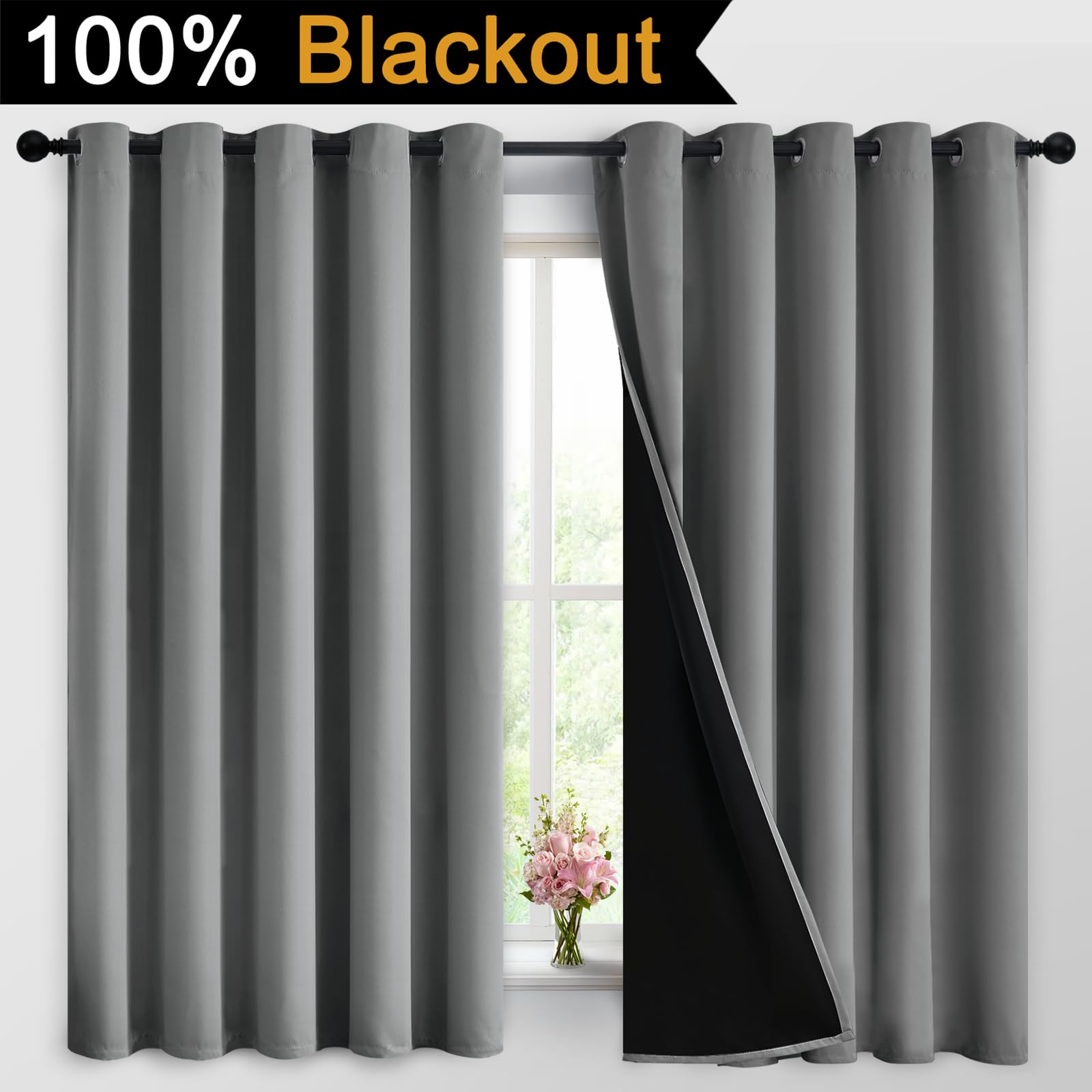 Yakamok Grey Blackout Curtains 63 Inches Long for Bedroom 62" Wide 2 Pcs
