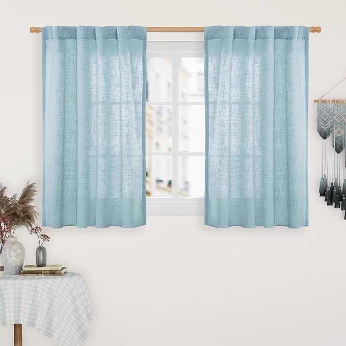 LAMIT 40 Inch Length Linen Curtains for Small Windows Over Silk 2 Panels