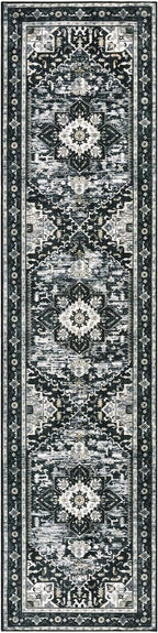 Yamaziot Washable Runner Rug, 2x8 Non-Slip Boho Vintage Hallway Rug Runner with Rubber Backing, Stain Resistant & Low Pile Distressed Carpet Runner for Bedroom, Kitchen, Laundry, Entrance, Black