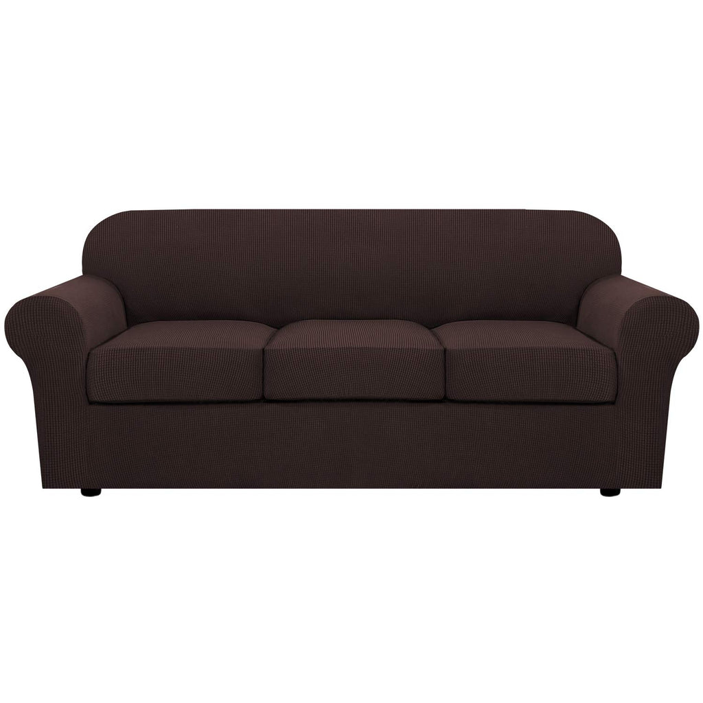 H.VERSAILTEX 4 Piece Stretch Sofa Covers for 3 Cushion Couch Covers for Living Room Furniture Slipcovers (Base Cover Plus 3 Seat Cushion Covers) Upgraded Thicker Jacquard Fabric (Sofa, Chocolate)