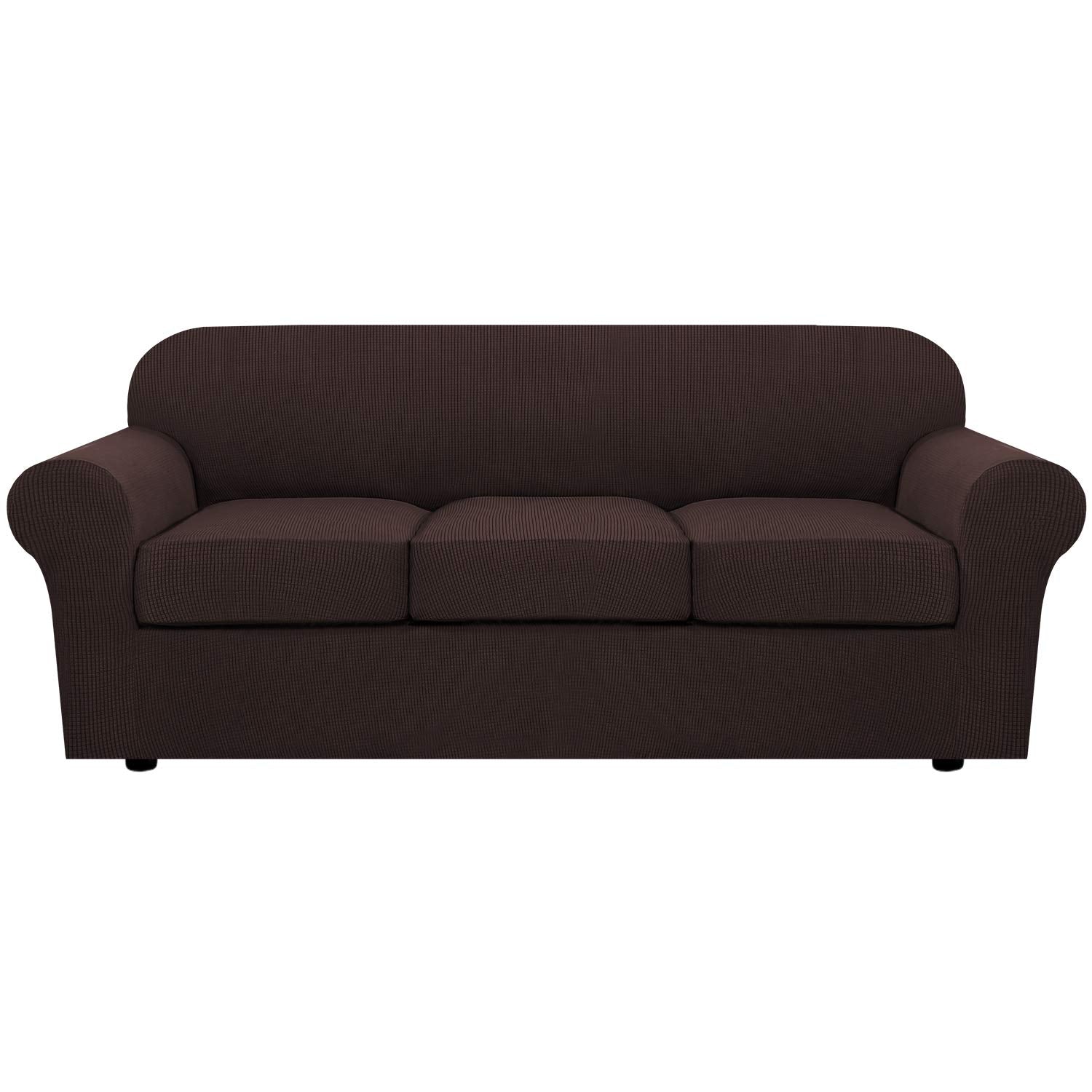 H.VERSAILTEX 4 Piece Stretch Sofa Covers for 3 Cushion Couch Covers for Living Room Furniture Slipcovers (Base Cover Plus 3 Seat Cushion Covers) Upgraded Thicker Jacquard Fabric (Sofa, Chocolate)