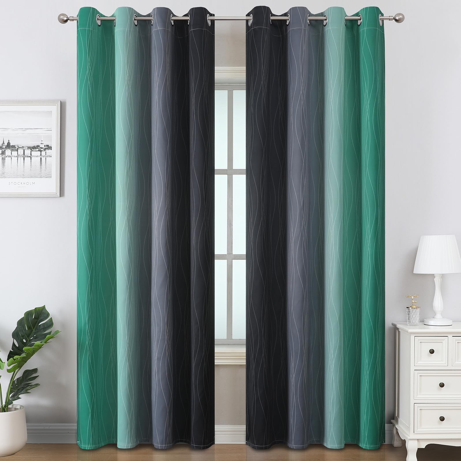 Estelar Textiler Black and Green Ombre Blackout Curtains 108 Inches Long