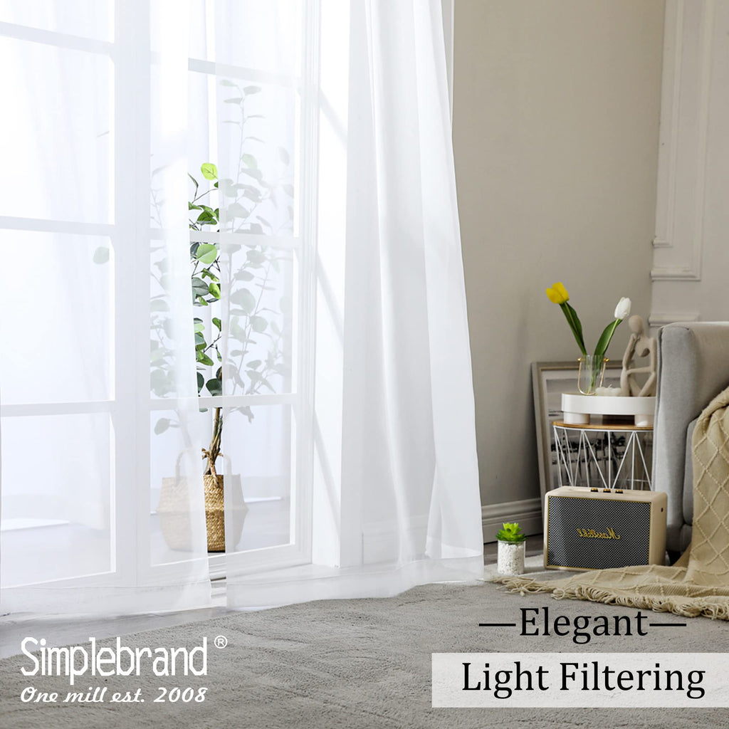 Simplebrand Sheer White Curtains 120 Inches Long, Extra Long Rod Pocket Solid Color Window Sheer Curtain Panels, Elegant Curtains & Drapes for Living Room, Bedroom 2 Panels (White, 2x42x120'')