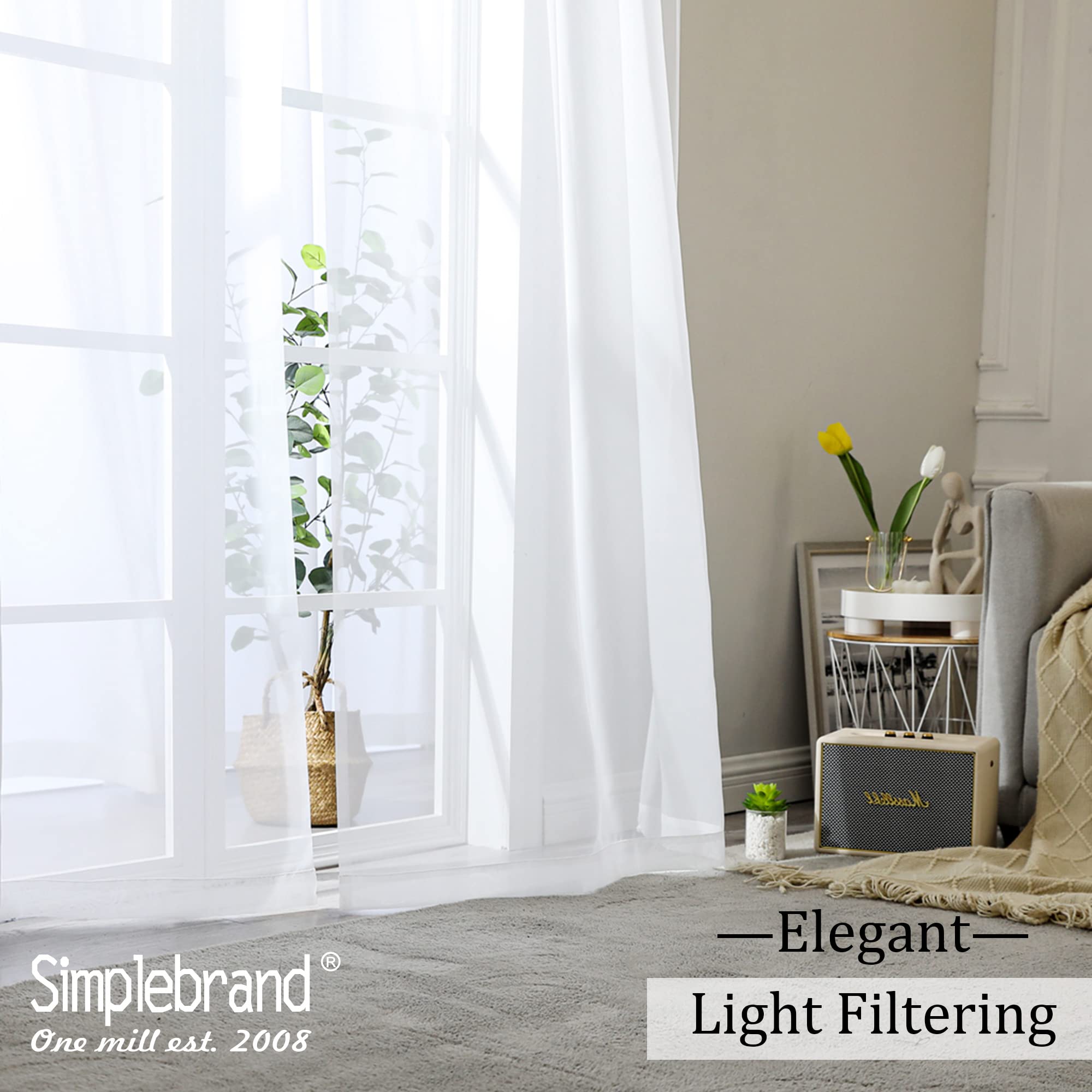 Simplebrand Sheer White Curtains 120 Inches Long, Extra Long Rod Pocket Solid Color Window Sheer Curtain Panels, Elegant Curtains & Drapes for Living Room, Bedroom 2 Panels (White, 2x42x120'')