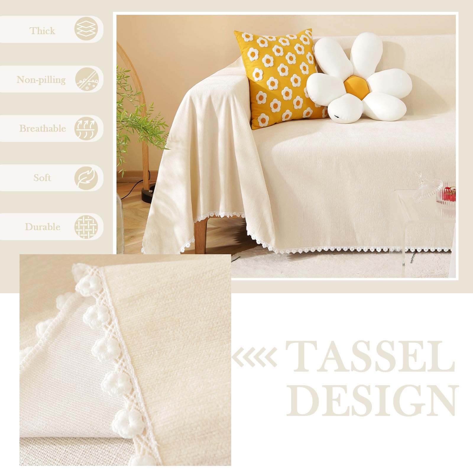 HANDONTIME Beige Couch Covers for 3 Cushion Couch Sofa Cute Sofa Covers with White Daisy Lace Pet Couch Protector Thick Chenille Couch Cover for Dogs Sectional Sofa L Shape Futon, 71" X150"