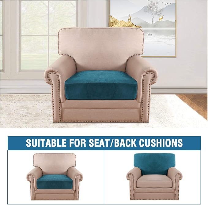 H.VERSAILTEX Velvet Stretch Couch Cushion Cover Plush Cushion Slipcover for Chair Cushion Furniture Protector Seat Cushion Sofa Cover (1 Piece Armchair Cushion Covers, Deep Teal)