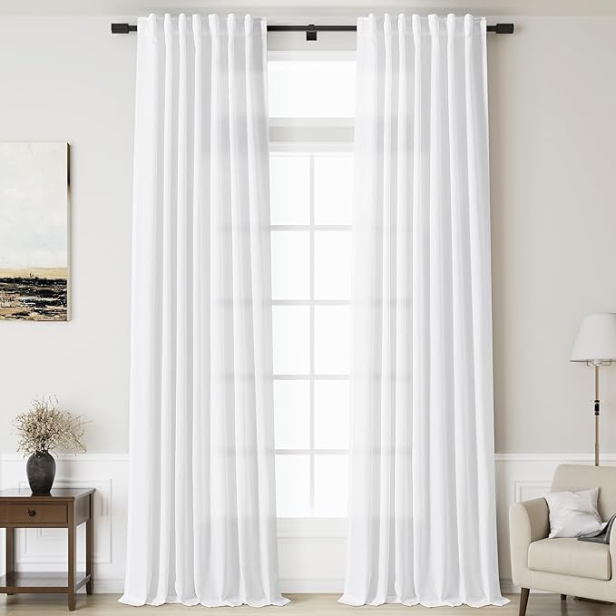 Nanspring White Linen Curtains Extra Long Back Tab Curtains 137 Inches Long for Living Room Farmhouse Light Filtering Semi Sheer Linen Drapes Ceiling to Floor for Large Window 2 Panels Set 52x137