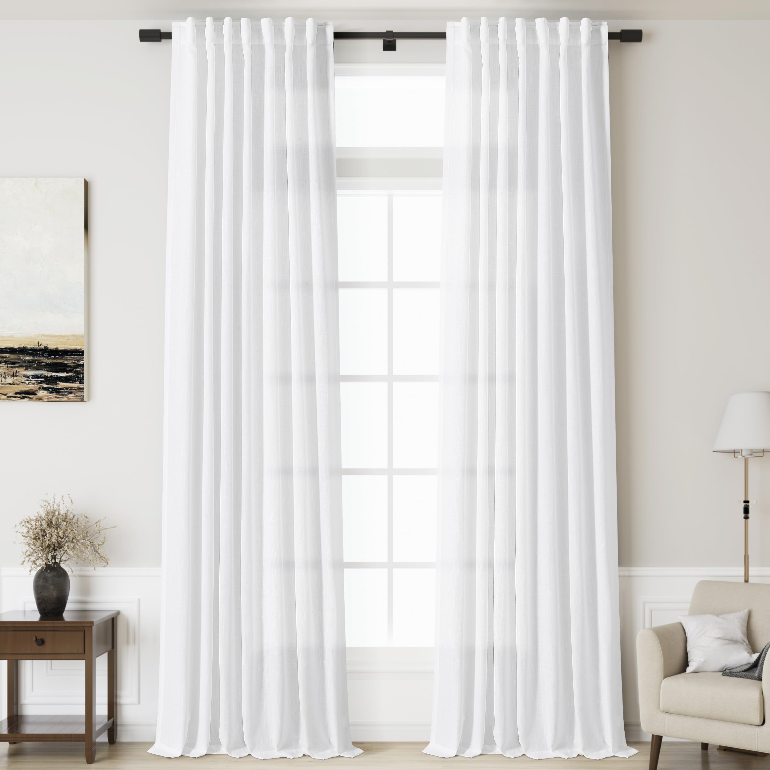 Nanspring White Linen Extra Long Curtains 121 Inches Long 2 Panels Set Back Tab Curtains for Living Room Farmhouse Light Filtering Semi Sheer Linen Drapes Ceiling to Floor for Large Window 52x121