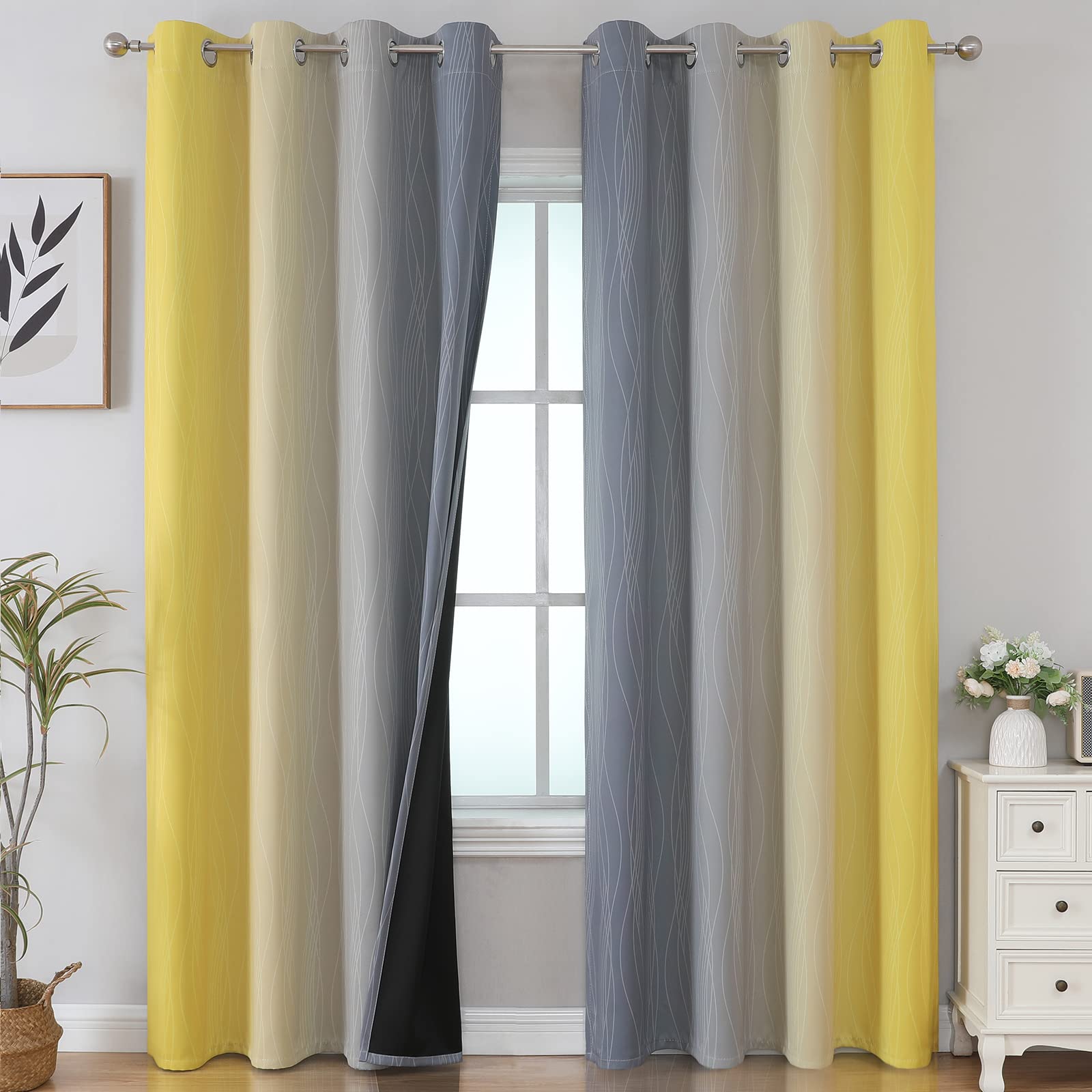 Yellow and Grey Ombre Blackout Curtains for Living Room 52Wx90L Inch Length