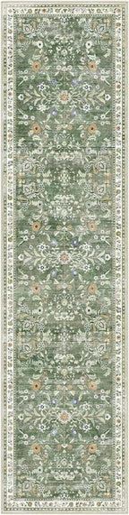 Yamaziot Washable Runner Rug 2x8 – Non Slip Boho Floral Hallway Runner Rug with Rubber Backing, Low Pile Wool Distressed Carpet for Kitchen, Laundry, Bedroom, Entrance, Mottled Green