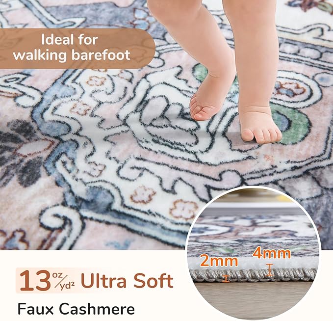 OPPODREAM Soft Round Rug 4ft, Washable Circle Rug 4ft with Non Slip Backing Play Room, Low-Pile Carpet 4 ft, Small Faux Cashmere Throw Carpet, Purple & Green & Cream