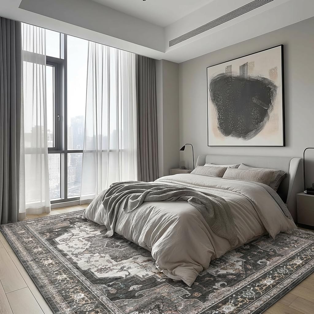 BEIMO Dark Grey Rug 8x10 Area Rugs for Bedroom, Washable Vintage Non Slip