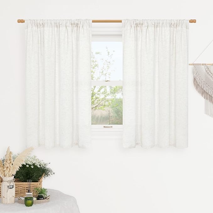 LAMIT Ivory White Linen Curtains 48 Inch Length for Bedroom, 2 Panels
