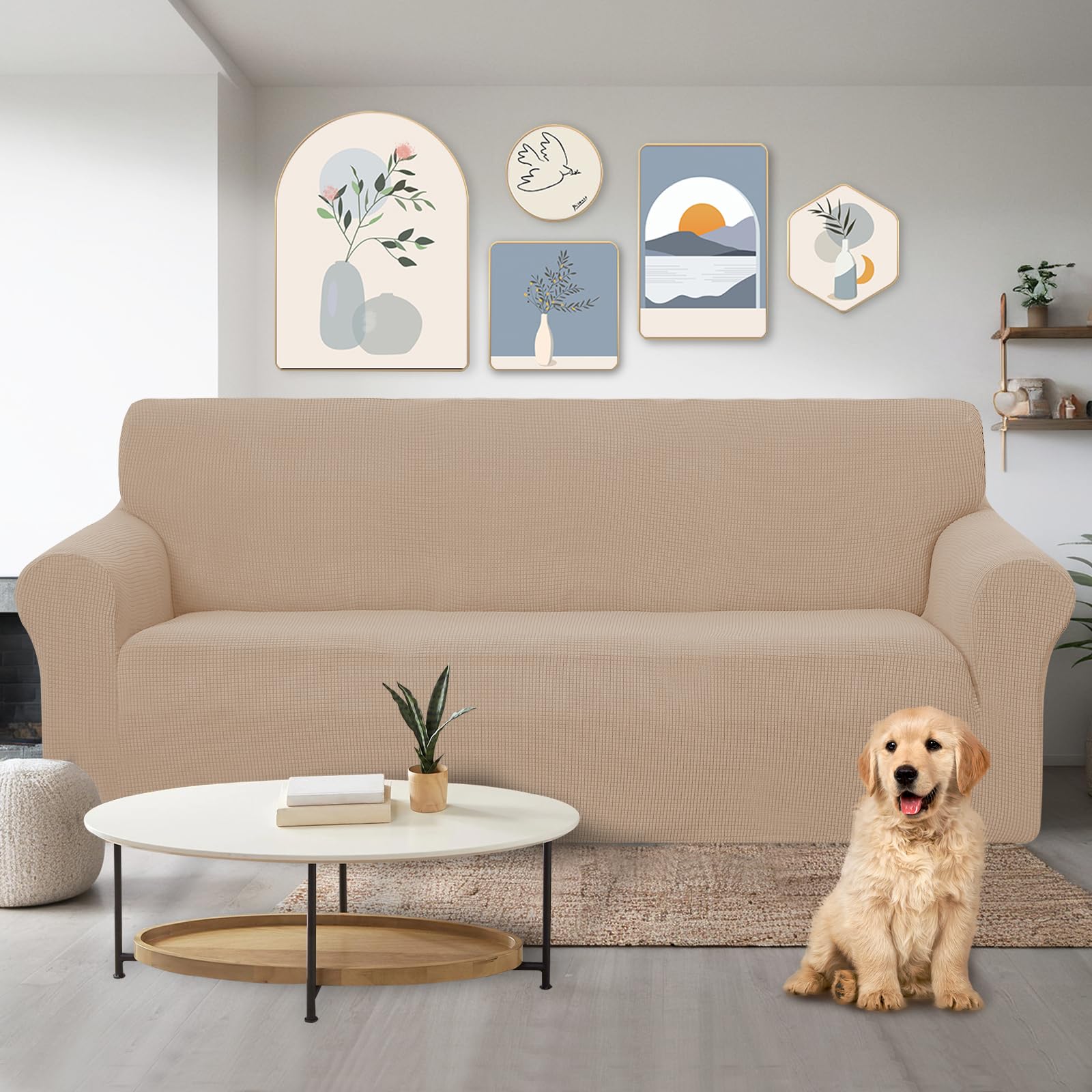 U-NICE HOME Stretch Couch Cover Sofa Covers for 3 Cushion Couch Slipcover with Elastic Bottom Furniture Protector for Dogs, Spandex Jacquard Soft Fabric (Large, Camel)