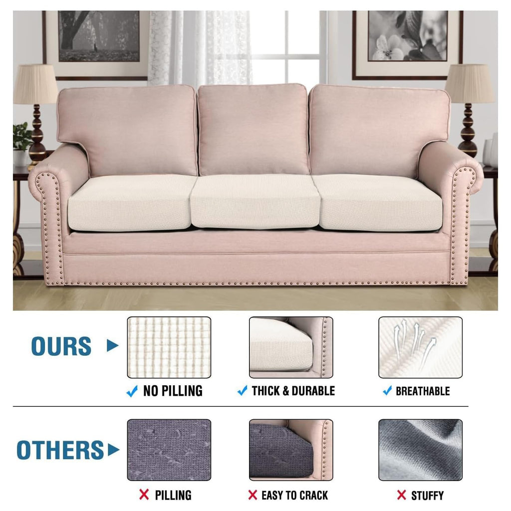 H.VERSAILTEX Super Stretch Individual Seat Cushion Cover Sofa Covers Couch Cushion Covers Slipcover Sets Thick Jacquard Textured Twill Fabric (3 Piece Sofa Cushion Covers, Porcelain White)
