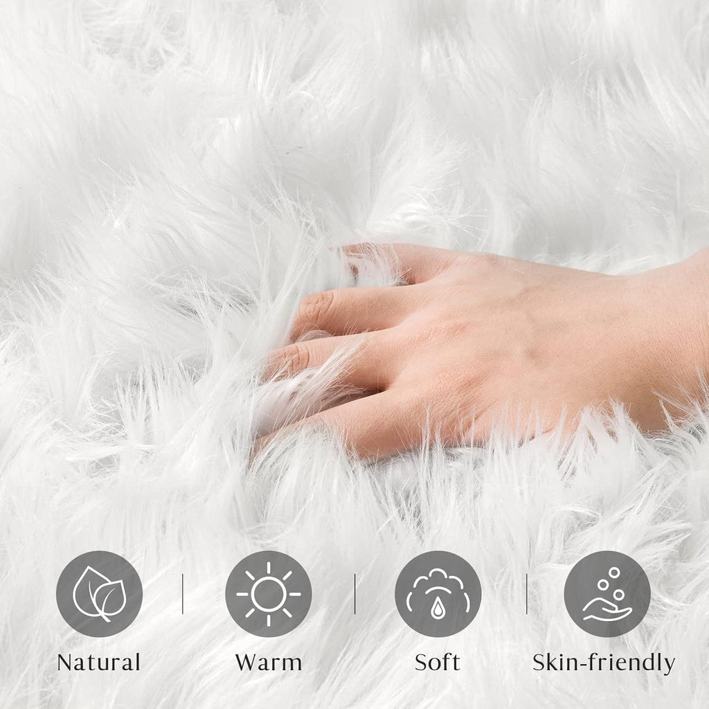 Ashler Home Deco Faux Fur Area Rug, White, 2 x 2.9 ft, Modern, Fluffy, Machine Washable