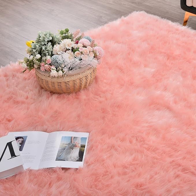 ORINOVA Pink Area Rugs 8x10 Shag Large Washable Rugs for Bedroom Plush Faux Sheepskin Shaggy Fur Rug for Living Room Soft Rectangle Rug
