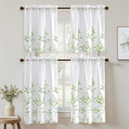 HOMEIDEAS Kitchen Curtains, Short Non-See-Through Privacy 30X24 Inch Length Tier Curtains, Green and White Leaf Floral Print Light Filtering Semi Sheer Small Window Drapes for Bathroom Cafe, 2 Panels