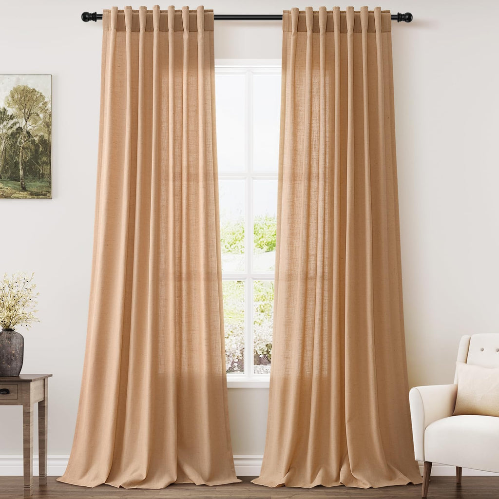 Camel Linen Curtains 90 Inch Length 2 Panels Set for Living Room Rod Pocket Back Tab Window Drapes Light Filtering Elegant Farmhouse Curtain 90 Inches Long for Dining Room Bedroom Nursery 52x90